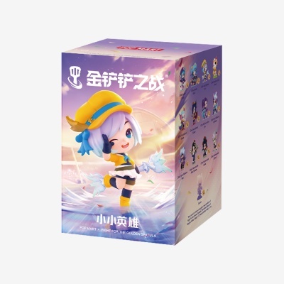 Caixa de brinquedo colecionável com personagem colorido e texto em chinês e inglês