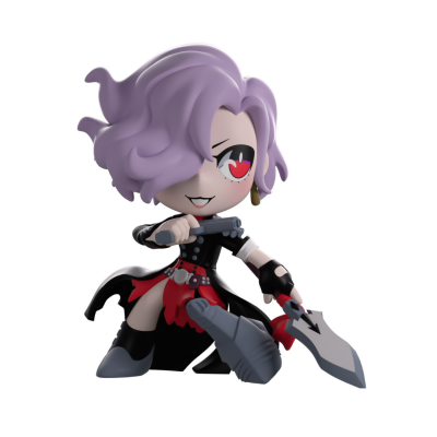 Figura de ação estilizada com cabelo lilás e roupas pretas e vermelhas seguranado uma espada e pistola