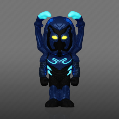 Figura de ação futurista azul e preta com olhos amarelos brilhantes