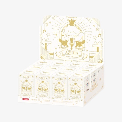 Caixas brancas pequenas com desenho dourado de anjo e texto AZURA Warm Christmas no expositor branco de cartão