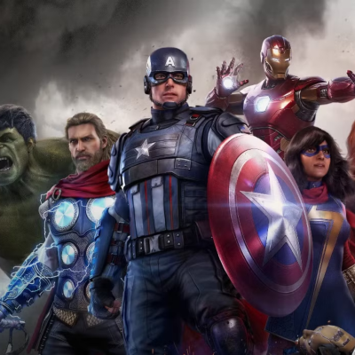 Personagens Vingadores com trajes coloridos e escudo do Capitão América em destaque