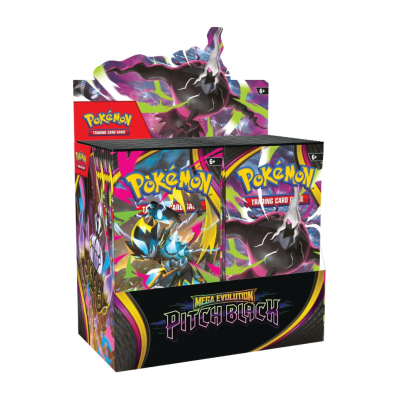 Expositor de cartas colecionáveis Pokémon Mega Evolution Pitch Black com ilustrações coloridas de cartas.