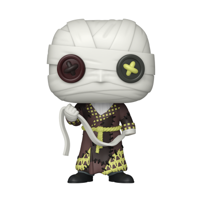 Figura Funko Pop de personagem com cabeça enrolada em faixas e olhos de botões
