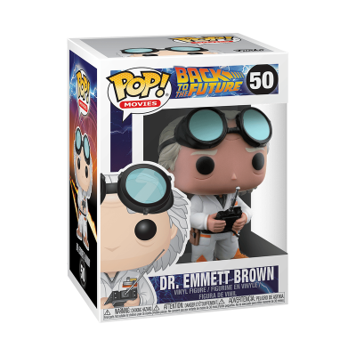 Figura de vinil Dr. Emmet L. Brown da série Pop! Movies na caixa.