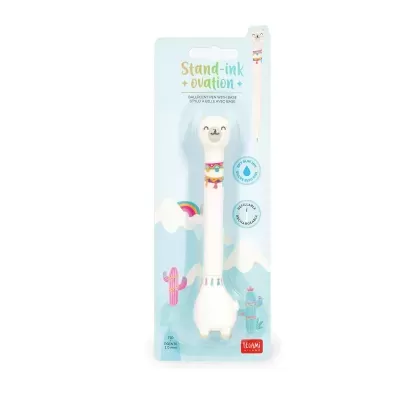 Caneta esferográfica branca de lhama em embalagem azul claro com cactos e arco-íris