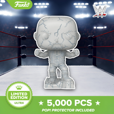 Figura Funko Pop branca rachada de lutador WWE num ringue de wrestling com texto sobre edição limitada e quantidade