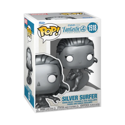 Funko Pop Silver Surfer em caixa branca com detalhes em azul e amarelo.