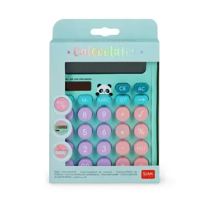 Calculadora de secretária com botões coloridos e desenho de panda