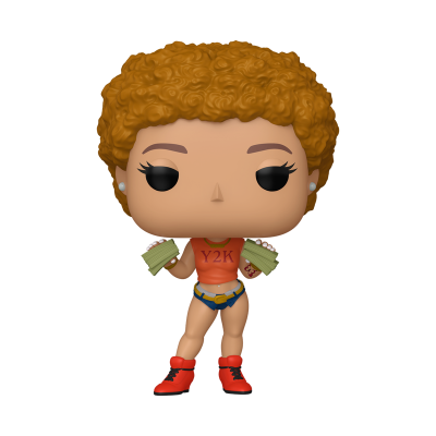 Figura Funko Pop com cabelo cacheado castanho e roupa laranja e azul