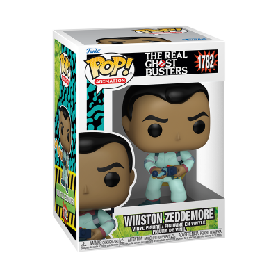 Figurina Funko Pop de Winston Zeddemore da série The Real Ghostbusters na caixa