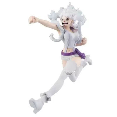 Figura de ação feminina com cabelo branco e roupa branca e roxa em pose dinâmica