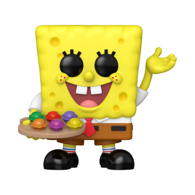 Boneco amarelo de SpongeBob com bandeja de bolinhos coloridos