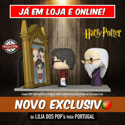 Figuras Funko POP de Harry Potter e Albus Dumbledore diante de um espelho dourado, promoção em português.