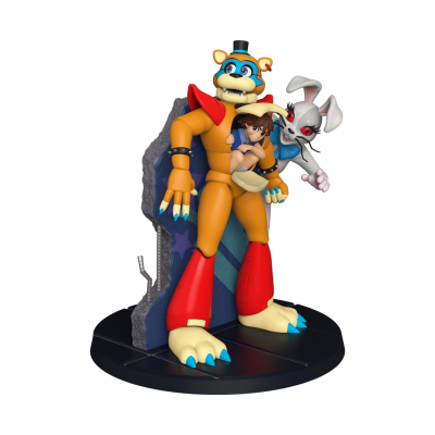 Figura colecionável robô amarelo, menina e coelho branco numa base preta