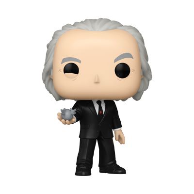Figura colecionável Funko Pop de personagem com fato preto e cabelo cinzento.