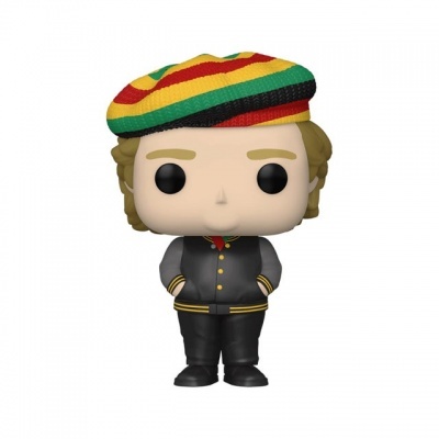 Figura Funko Pop de personagem com boina colorida e casaco preto em fundo branco