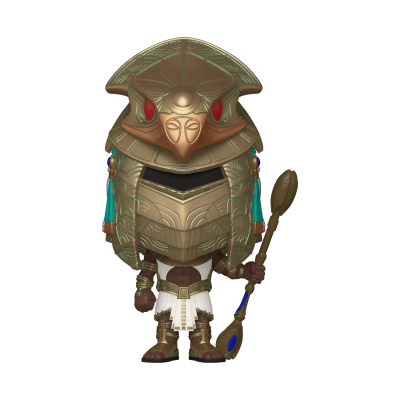 Figura Funko Pop de personagem com cabeça de falcão dourada e olhos vermelhos