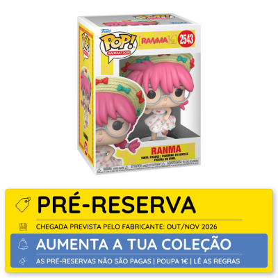 Figura Funko Pop! Ranma 1/2 vinil com cabelo rosa, vestido branco e chapéu com laços coloridos