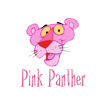 Logótipo Pink Panther com cara cor-de-rosa do personagem e texto