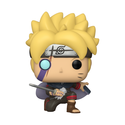 Figura estilizada Funko Pop do personagem Naruto com cabelo amarelo e acessórios de ninjutsu