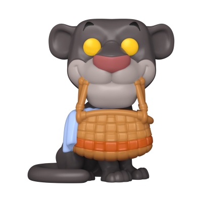 Figura Funko Pop de animal cinza com cesta castanha e pano azul