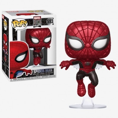Figura Funko Pop! Spider-Man vermelha e preta com teias em relevo e olhos brancos, em pose de voo com suporte transparente, junto à sua embalagem com janela.