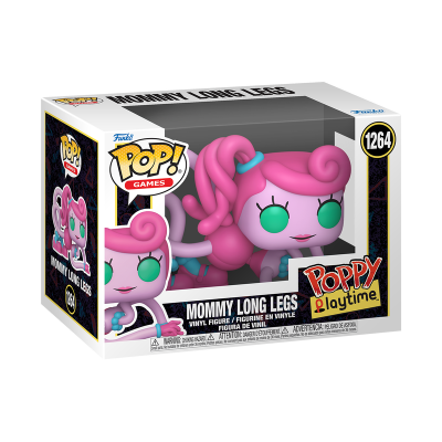 Figura Funko Pop Mommy Long Legs cor de rosa com olhos verdes em caixa de cartão com janela plástica