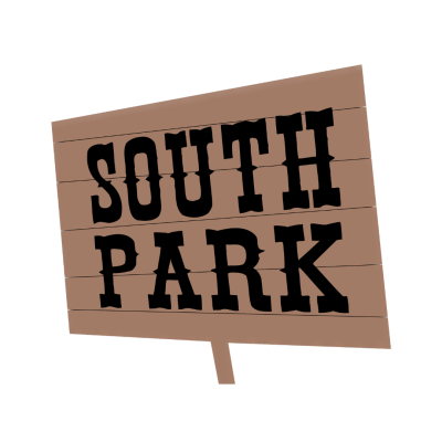 Placa de madeira com texto SOUTH PARK em preto