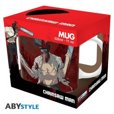 Caneca branca com design Chainsaw Man, embalagem vermelha e preta