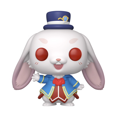 Figura Funko Pop de coelho branco com olhos grandes vermelhos e roupa colorida