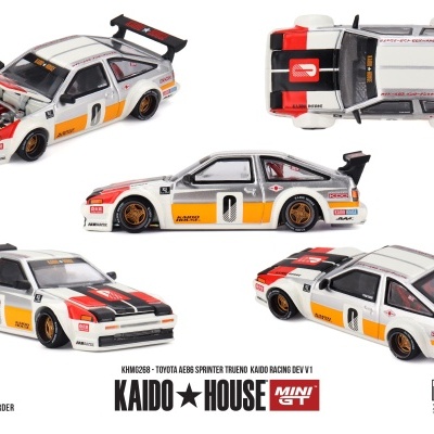 Miniatura Toyota AE86 Sprinter Trueno Kaido House branco com detalhes laranja, vermelho, preto e dourado