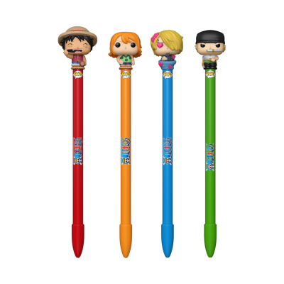 Canetas coloridas com personagens em miniatura no topo e texto One Piece