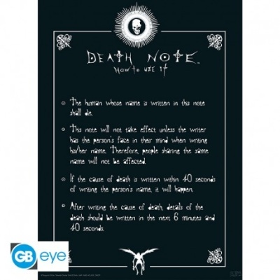Quadro preto com texto branco e símbolos, tema Death Note