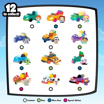 Coleção de 12 carrinhos de brinquedo coloridos com personagens e legenda de raridade