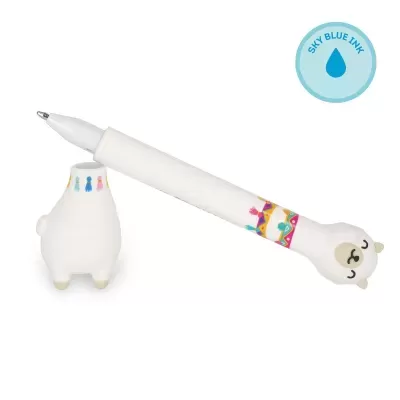 Caneta decorativa com tampa em forma de lhama e tinta azul.