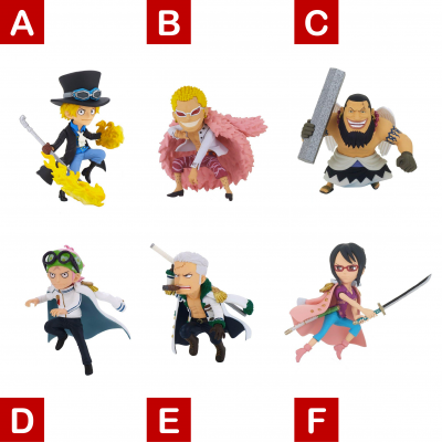 Seis figuras de ação em miniatura de personagens distintos, com roupas e armas, organizadas em duas linhas sobre fundo branco.