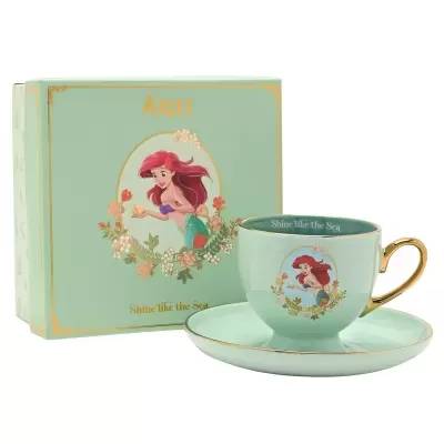 Conjunto de chá verde água com decoração da Ariel e caixa correspondente