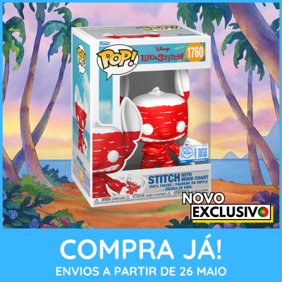 Funko Pop! figura Stitch vermelho e branco em embalagem com fundo tropical e texto promocional