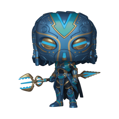 Figura Funko Pop de personagem com armadura azul e dourada segurando tridente e lança