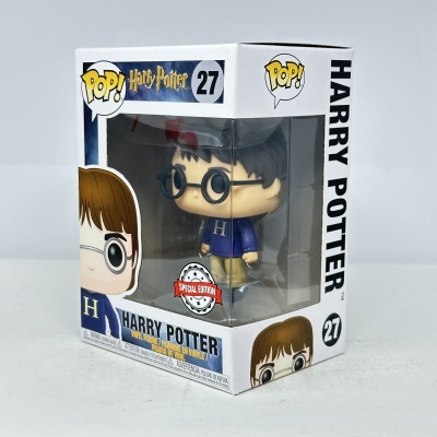 Boneco Funko Pop Harry Potter em caixa branca com janelas transparentes