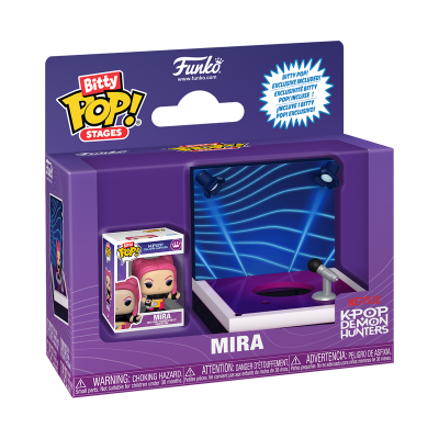 Embalagem Funko Bitty Pop Stages com figura Mira e palco azul pequeno