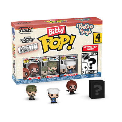 Caixa de 4 figuras de vinil Bitty Pop! Retro Toys da Funko com quatro miniaturas, incluindo personagens militares e misteriosos.
