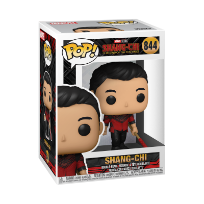 Figura colecionável POP! Marvel Shang-Chi de vinil vestindo roupa vermelha e preta com bastão vermelho na caixa.