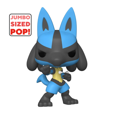 Boneco Funko Pop Lucario azul e preto com texto JUMBO SIZED POP