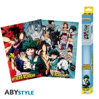 Poster duplo My Hero Academia com personagens de anime coloridos e embalagem com texto