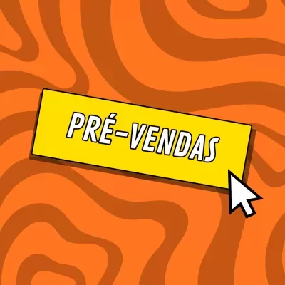 Botão amarelo com texto PRÉ-VENDAS em fundo laranja com padrão ondulado