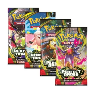 Pacotes coloridos de cartas Pokémon Mega Evolution Perfect Order