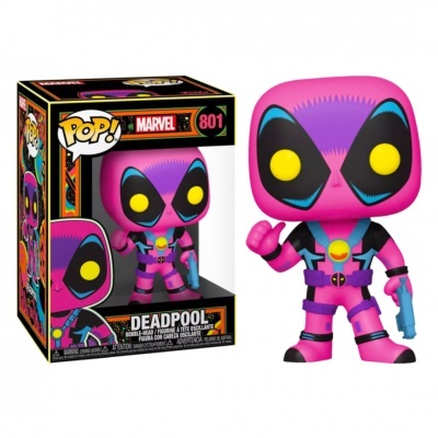 Figura colecionável Deadpool Funko Pop! cor rosa e caixa colorida Marvel