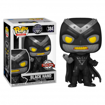 Figura POP Heroes Black Hand vinil preto com olhos amarelos e capa