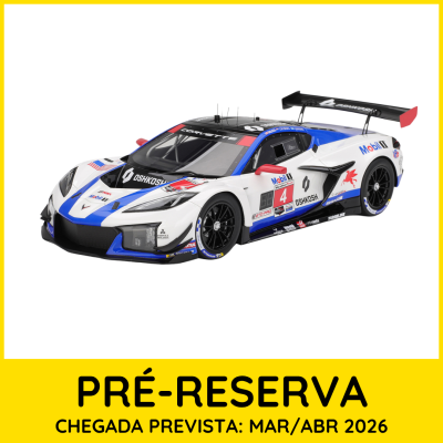 Modelo em escala de carro de corrida Corvette branco e azul com decalques e número 4